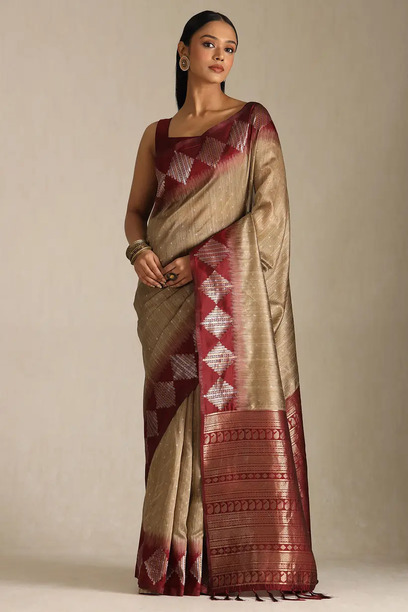 Beige Tussar Zari Woven Saree With Zari Woven